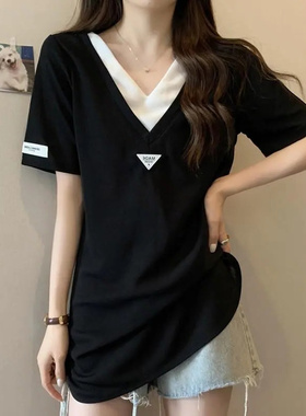 假两件v领t恤女夏季短袖大码胖MM2-300斤中长款撞色拼接显瘦上衣