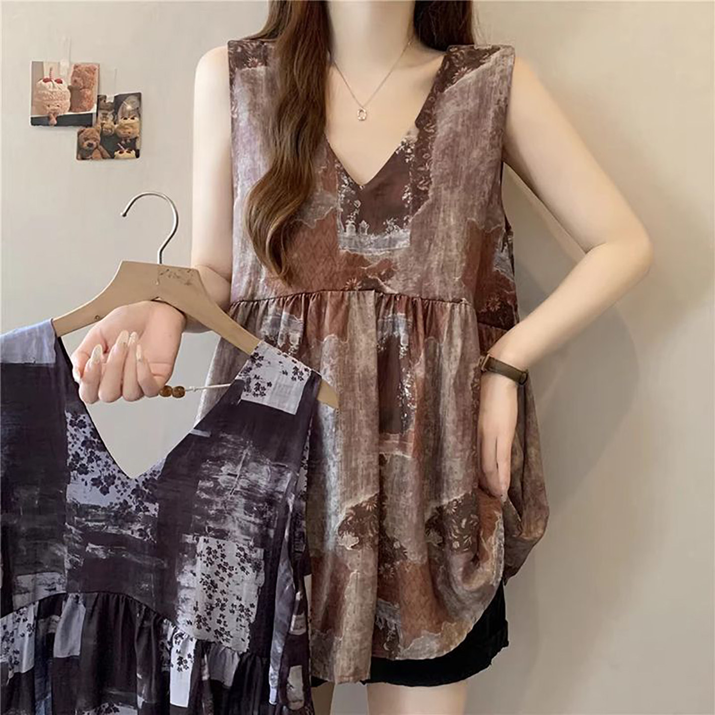 夏季大码无袖印花V领休闲上衣300斤胖mm宽松减龄显瘦简约百搭背心,女装/女士精品,背心吊带,淘宝优惠券,粉丝福利购,淘宝优惠卷