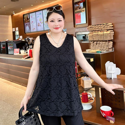 大码韩版无袖蕾丝V领中长款背心