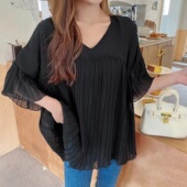 洋气时尚 V领T恤女300斤大码 宽松休闲显瘦简约上衣 短袖 胖MM雪纺衫