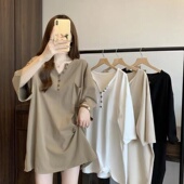 胖mm遮屁股2 中长款 大码 t恤女夏季 300斤洋气遮肉显瘦上衣 v领短袖