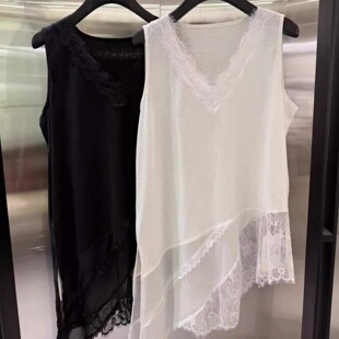 蕾丝拼接背心上衣女 气质宽松休闲显瘦不规则无袖 胖mm2 300斤大码