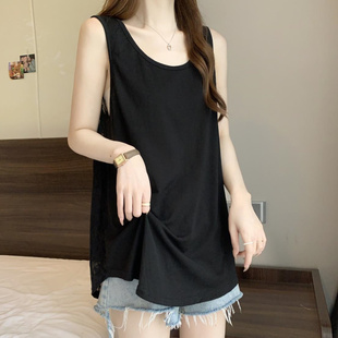 宽松显瘦无袖 300斤大码 中长款 后背交叉夏装 蕾丝背心女 胖妹妹时尚