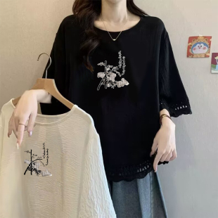 300斤加肥加大码 印花T恤女 洋气宽松遮肉休闲简约短袖 上衣胖mm半袖