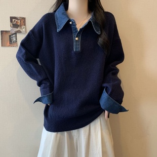 胖mm假两件复古拼接针织衫300斤大码时尚潮流宽松遮肉显瘦毛衣女