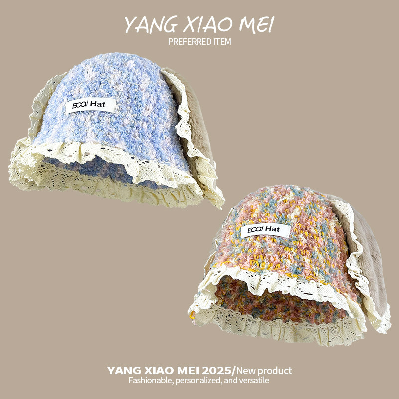 可爱毛绒兔耳朵针织渔夫帽女新款