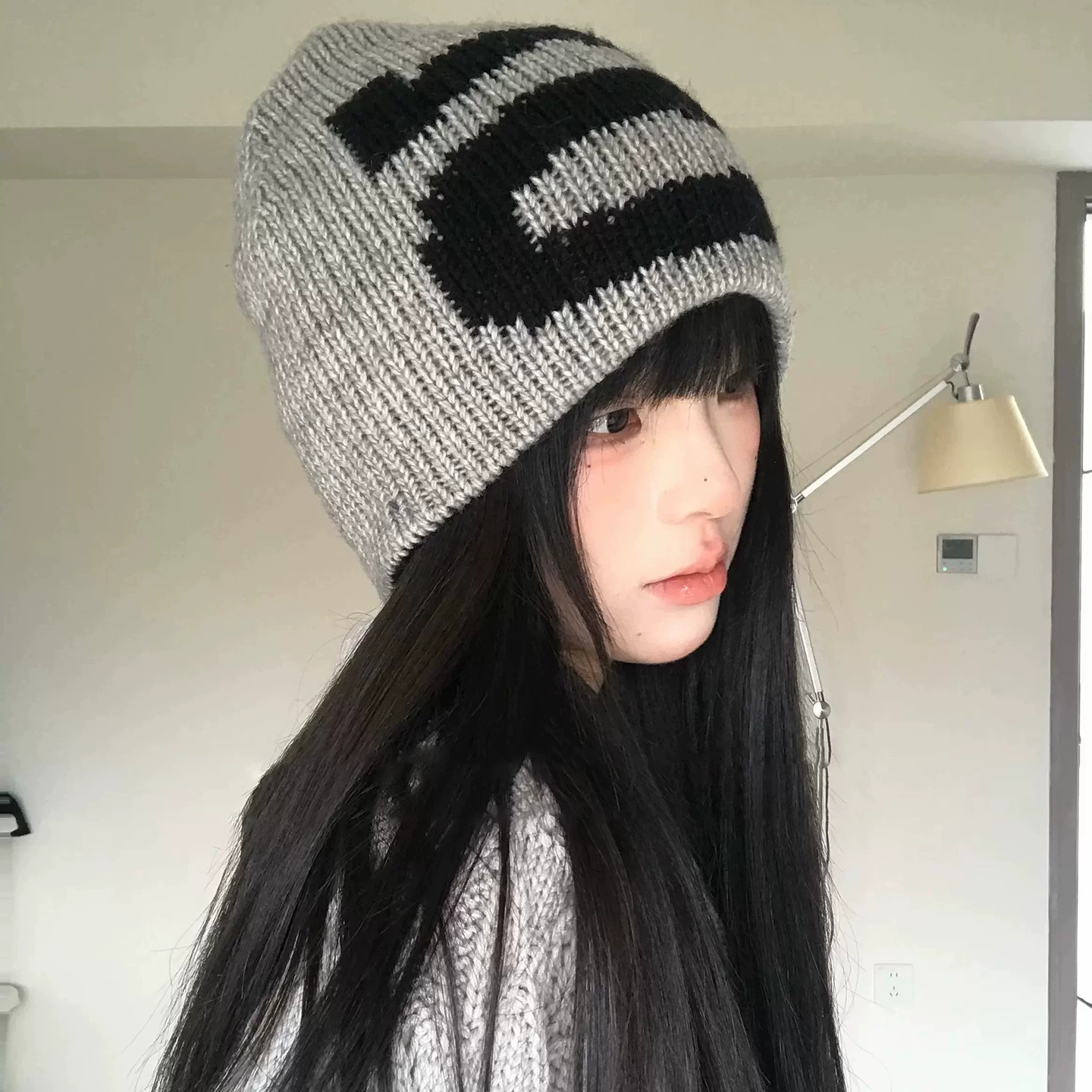 美式字母撞色粗针织帽女秋冬显脸