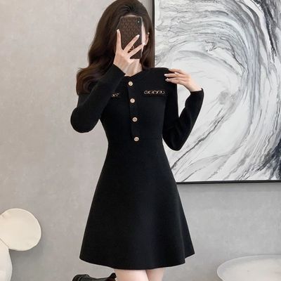 黑色修身针织连衣裙女巨好看秋冬季大衣内搭打底裙短款小个子穿搭