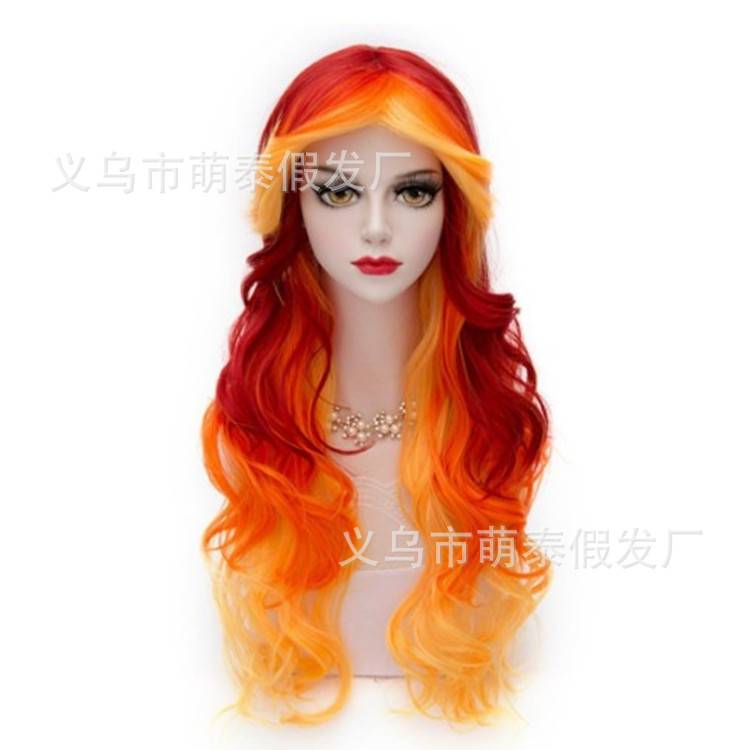 动漫新款假发红橙黄混色渐变长卷发cosplay万圣节聚会派对假发wig