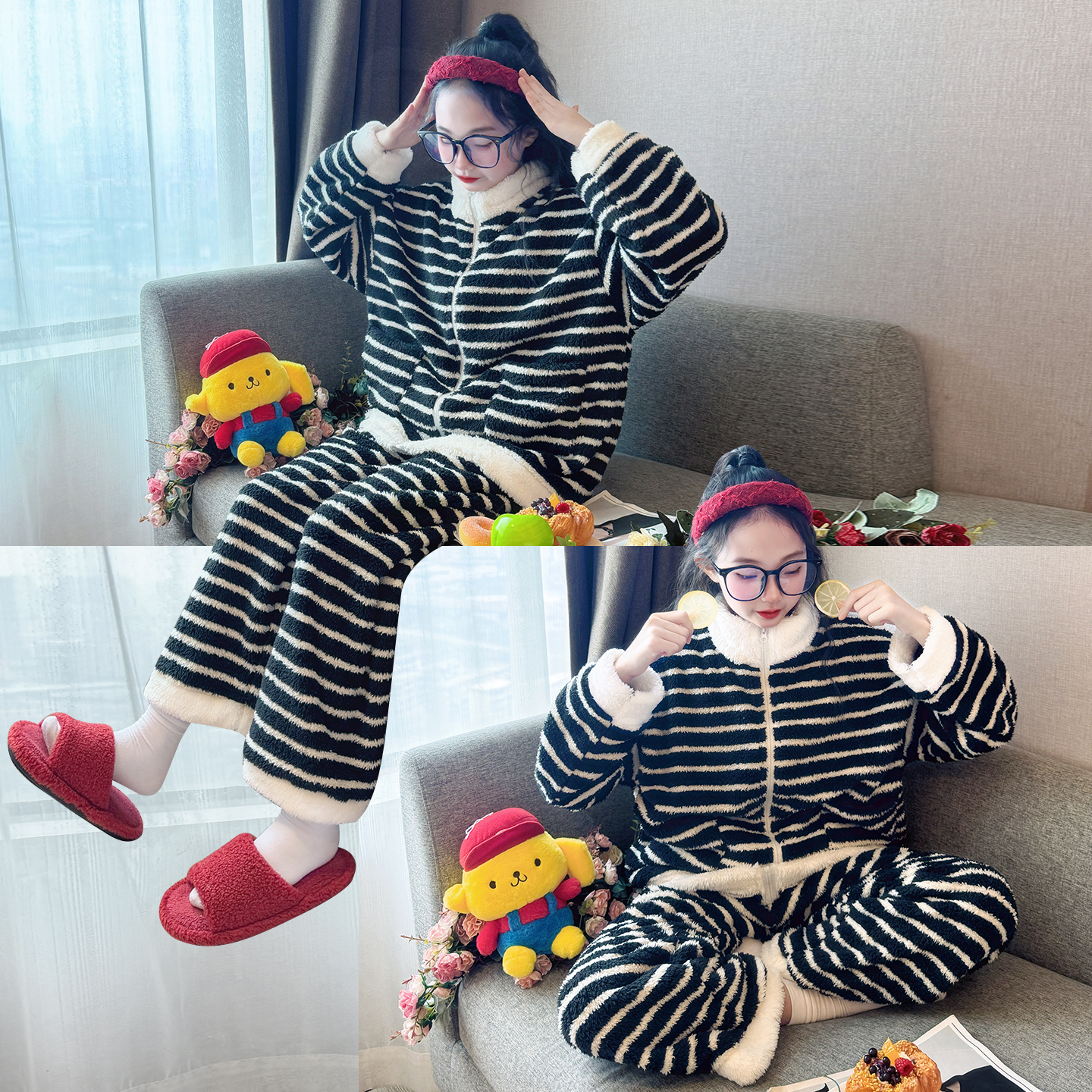 儿童珊瑚绒睡衣冬季2025新款女童法兰绒家居服初中生女孩加厚套装