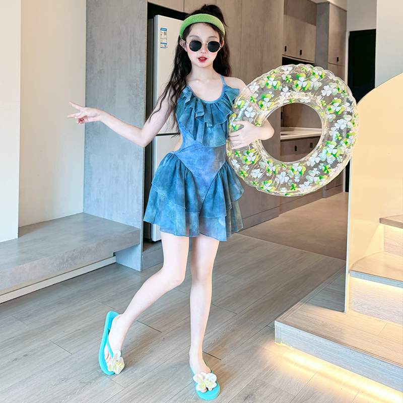 女童泳衣2025新款儿童连体裙式游泳衣初中生女孩公主风高颜值泳装
