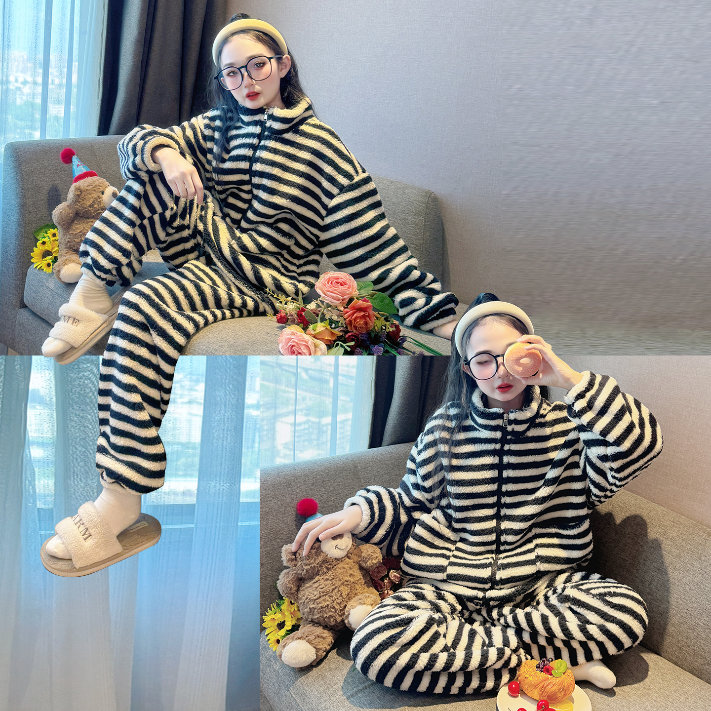 儿童珊瑚绒睡衣冬季2025新款女童法兰绒家居服大童女孩半边绒套装