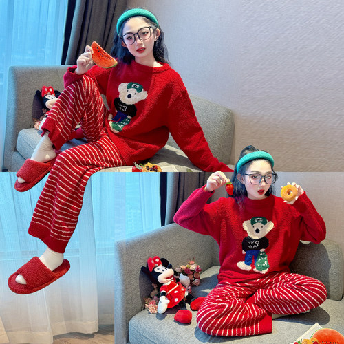儿童睡衣冬季2025新款女童珊瑚绒家居服女大童加厚红色本命年套装