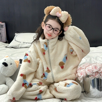 女童睡衣冬季2025新款儿童加绒加厚家居服大童女孩珊瑚法兰绒套装