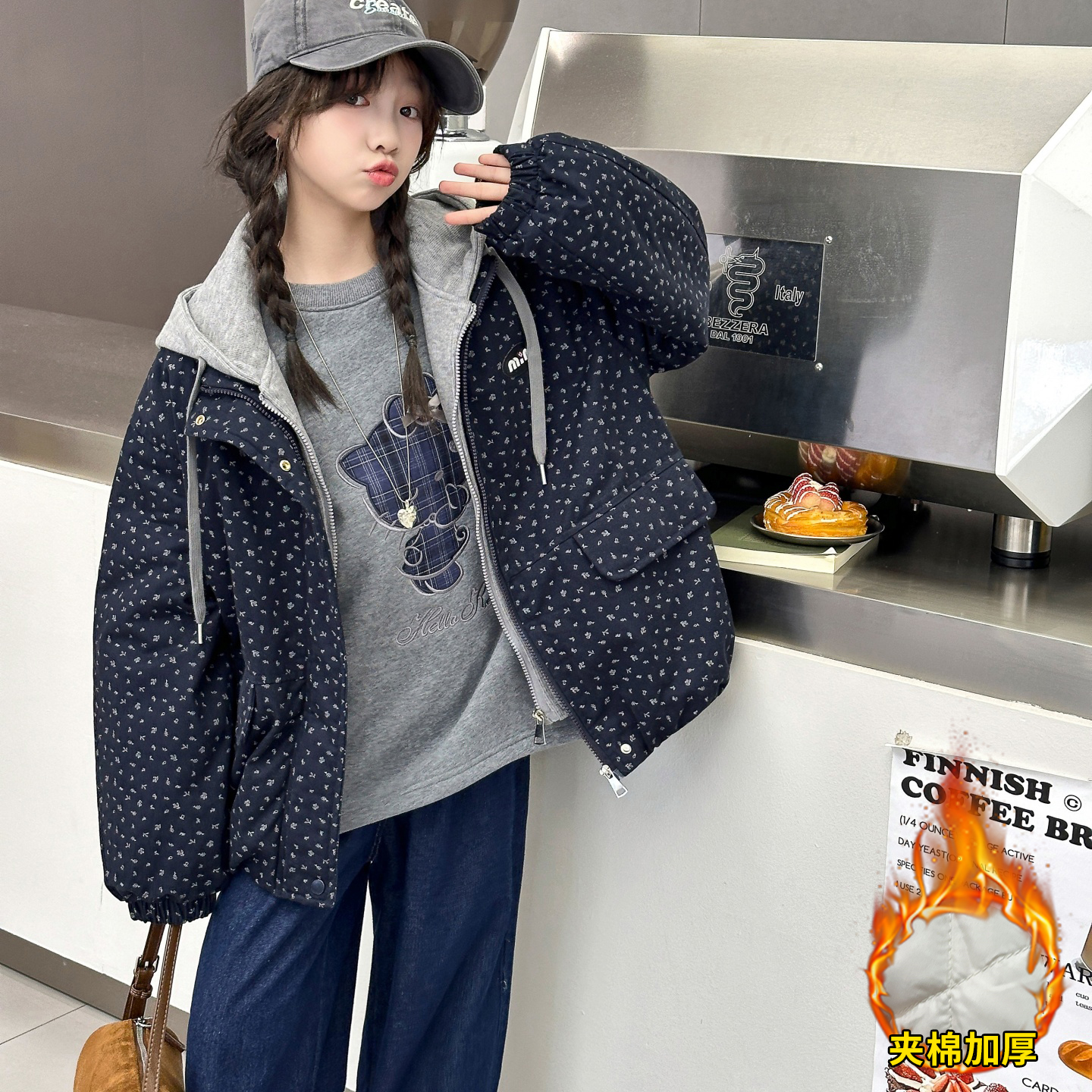 女童冬装外套2025新款儿童夹棉加厚派克服大童女孩冬季假两件棉服