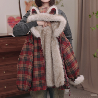 女童冬季加绒外套2025新款儿童加厚派克服女大童冬装双面穿毛毛衣