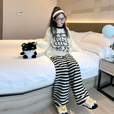 儿童睡衣秋冬款2025新款女孩加厚半边绒家居服大童冬季珊瑚绒套装