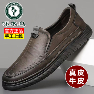 啄木鸟男鞋新款真皮男士休闲皮鞋软底防滑透气牛筋底中老年爸爸鞋