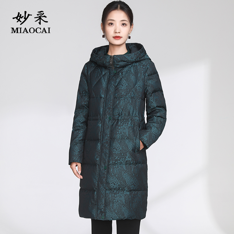 妙采中长款印花暗纹羽绒服