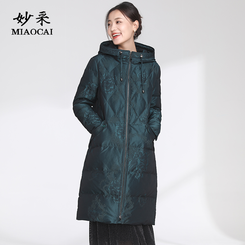 妙采印花白鸭绒羽绒服中长款外套