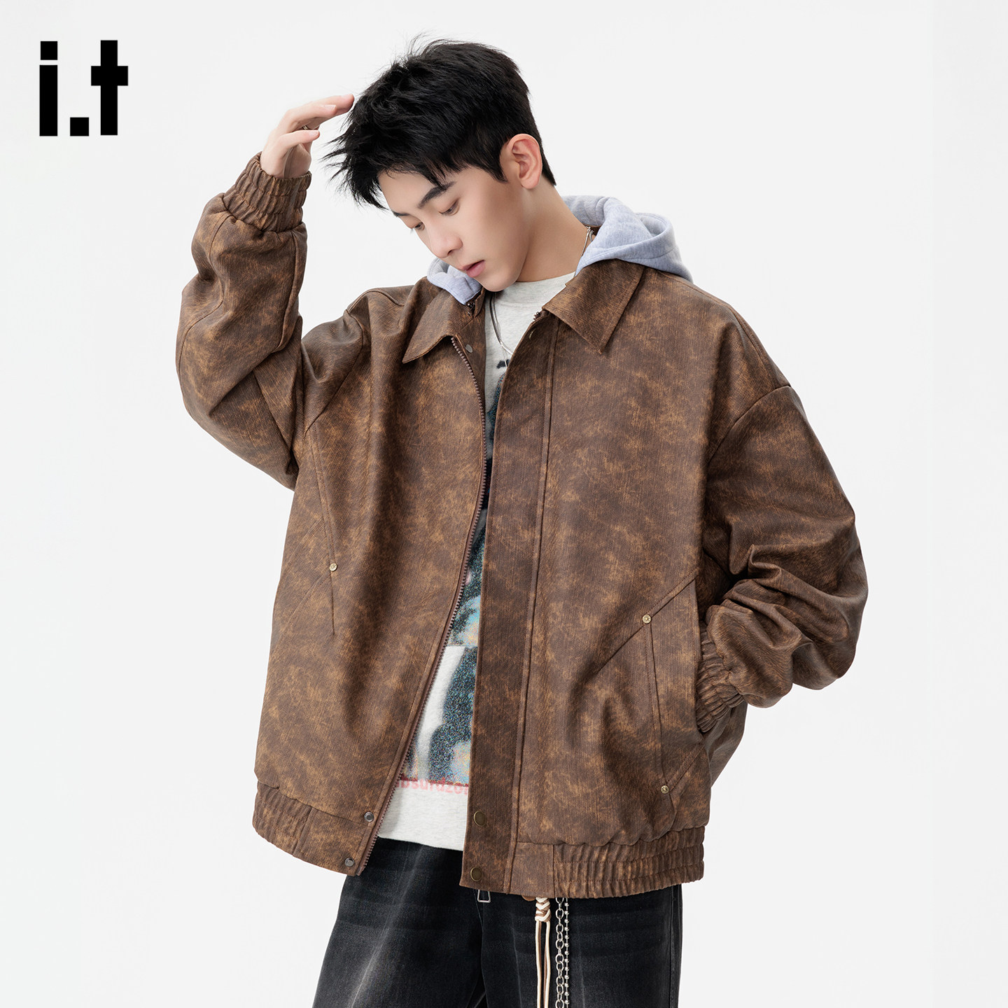 it :5cm/FIVECM春季美式复古PU夹克男潮日常百搭流行穿搭外套上衣