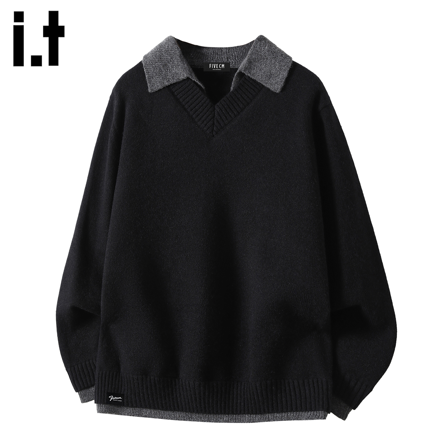 IT'S5cm黑色翻领针织polo衫