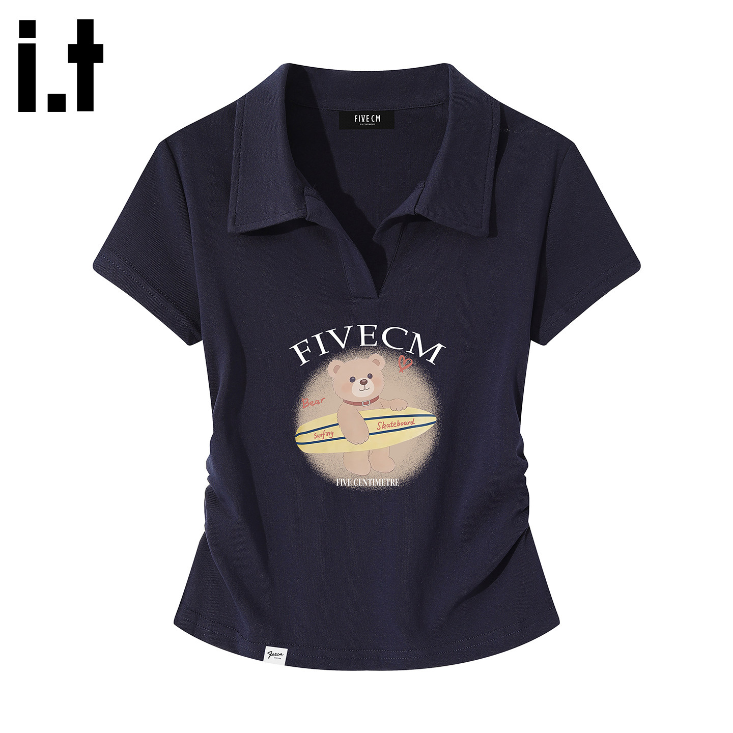 it:5cm/FIVECM正肩翻领polo衫短袖t恤女士夏季褶皱收腰修身上衣Y