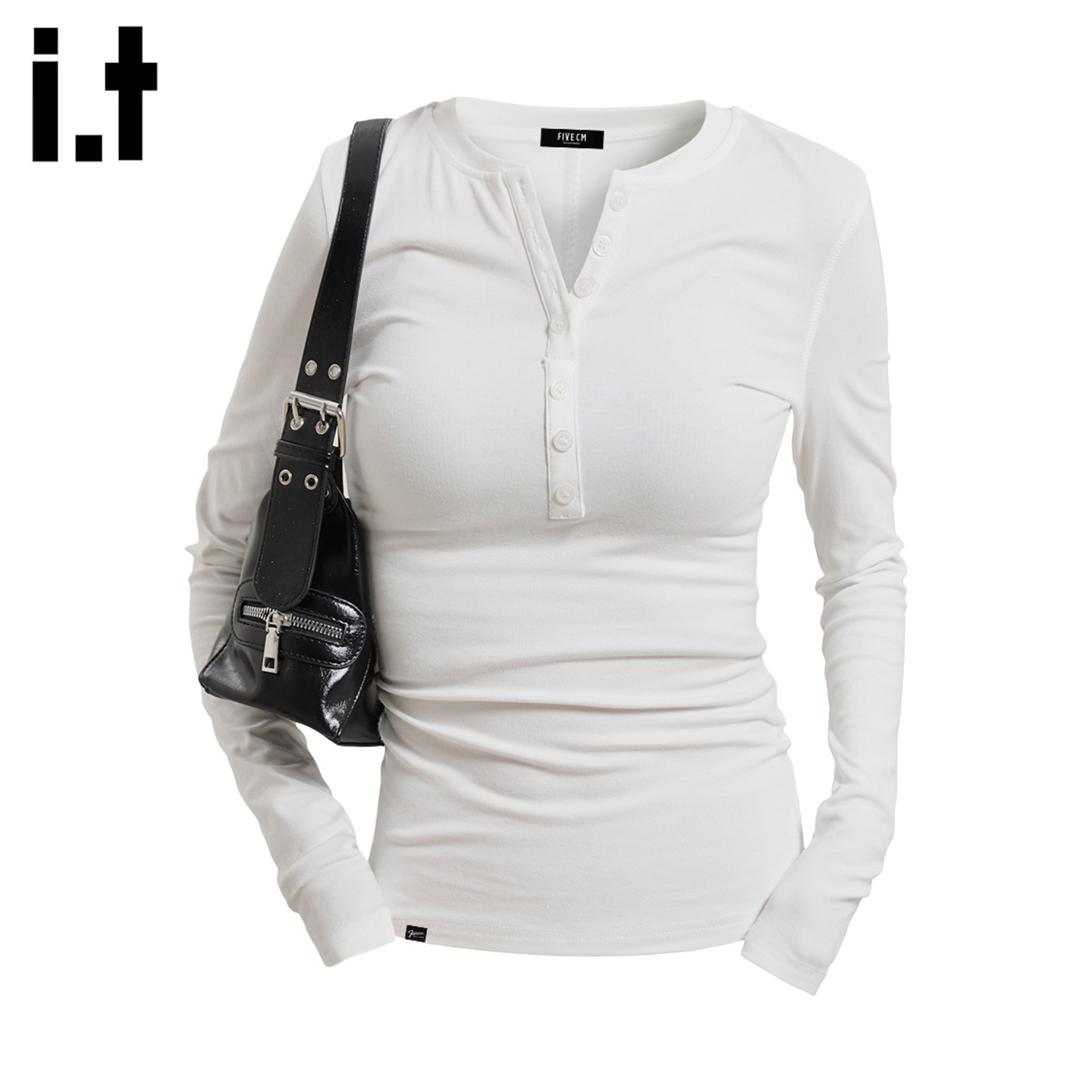 it :5cm/FIVECM白色亨利领长袖t恤女2026春夏季薄款修身正肩上衣