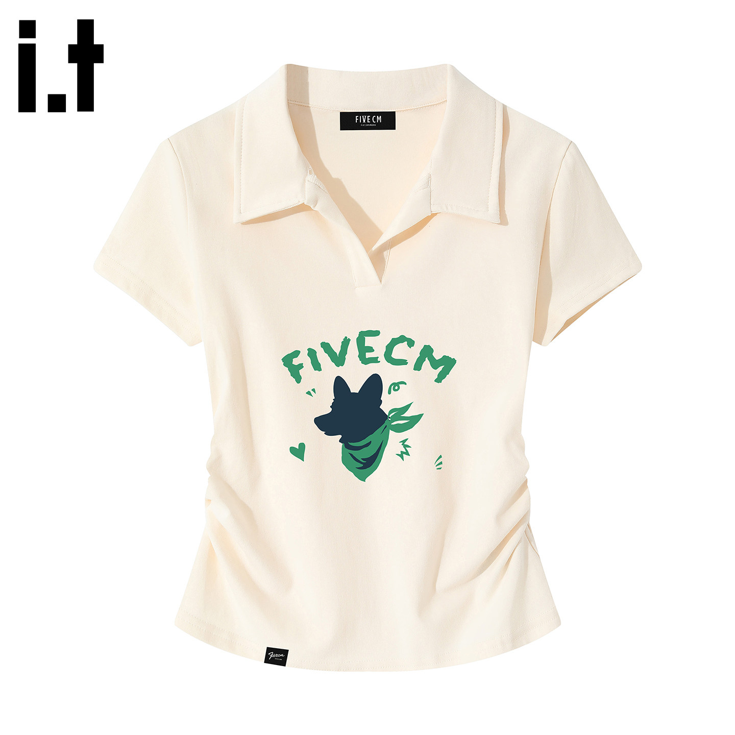 it:5cm/FIVECM正肩翻领polo衫短袖t恤女士夏季褶皱收腰修身上衣Y