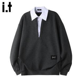 it :5cm/FIVECM高级感拼接衬衫领假两件毛衣男士2025秋冬宽松上衣