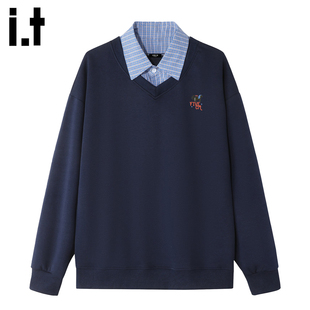 it :5cm/FIVECM知识分子衬衫领条纹卫衣男春季宽松百搭学院风上衣