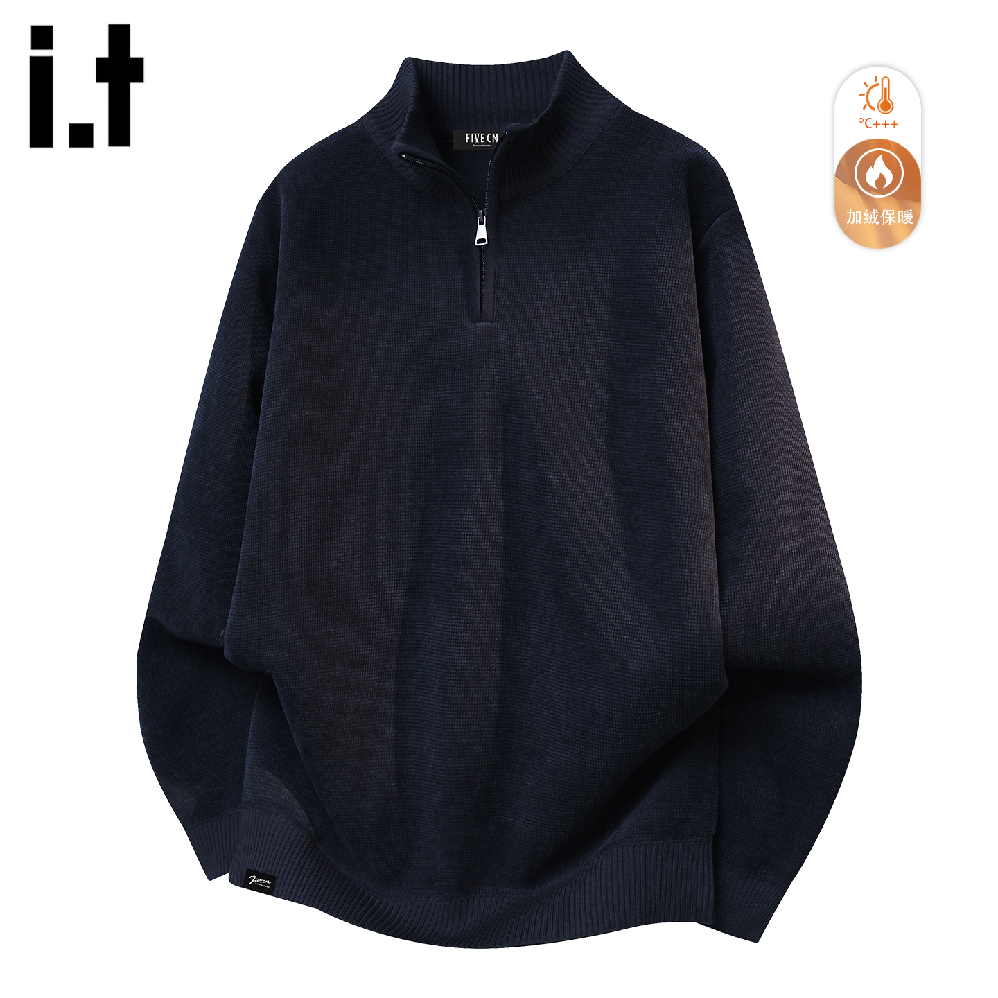 it :5cm/FIVECM黑色拉链立领针织衫加绒毛衣男款2025秋冬加厚上衣