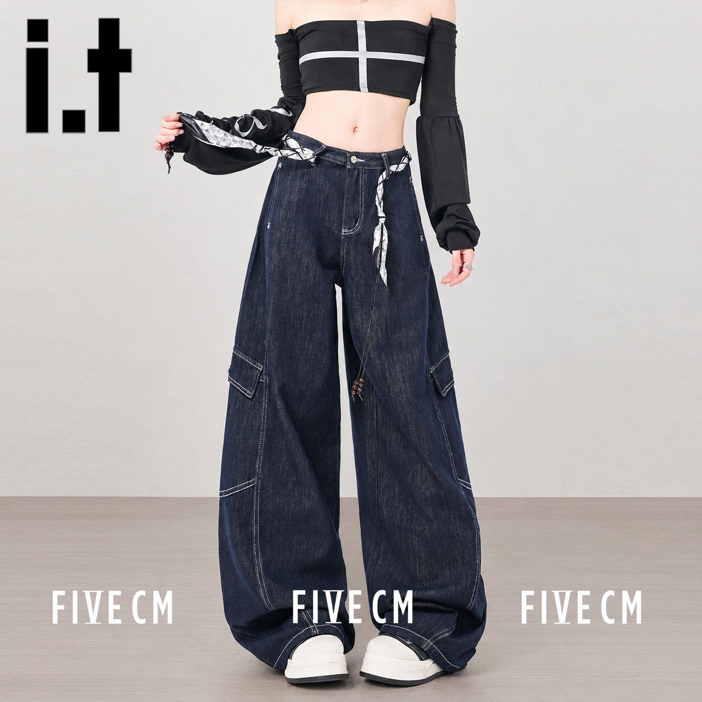 itFIVECM夏季水洗阔腿牛仔裤