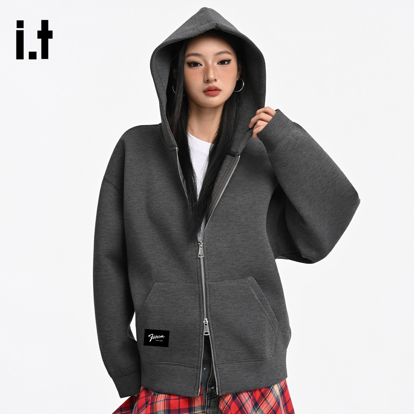 it :5cm/FIVECM深灰色连帽拉链卫衣男女秋冬季重磅宽松情侣帽衫