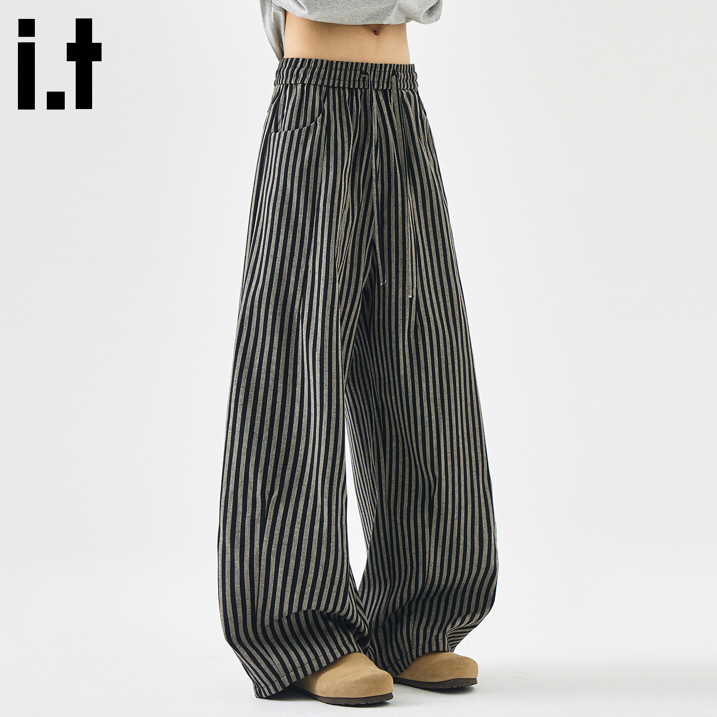 it:FIVECM条纹阔腿休闲裤男女2026夏季新款系绳垂感宽松直筒长裤B