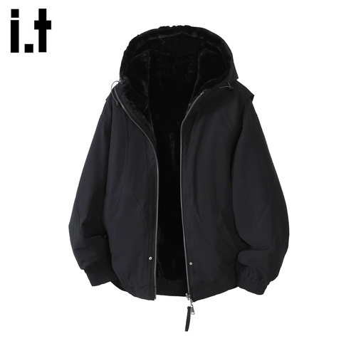 黑色连帽加绒加厚棉服男款