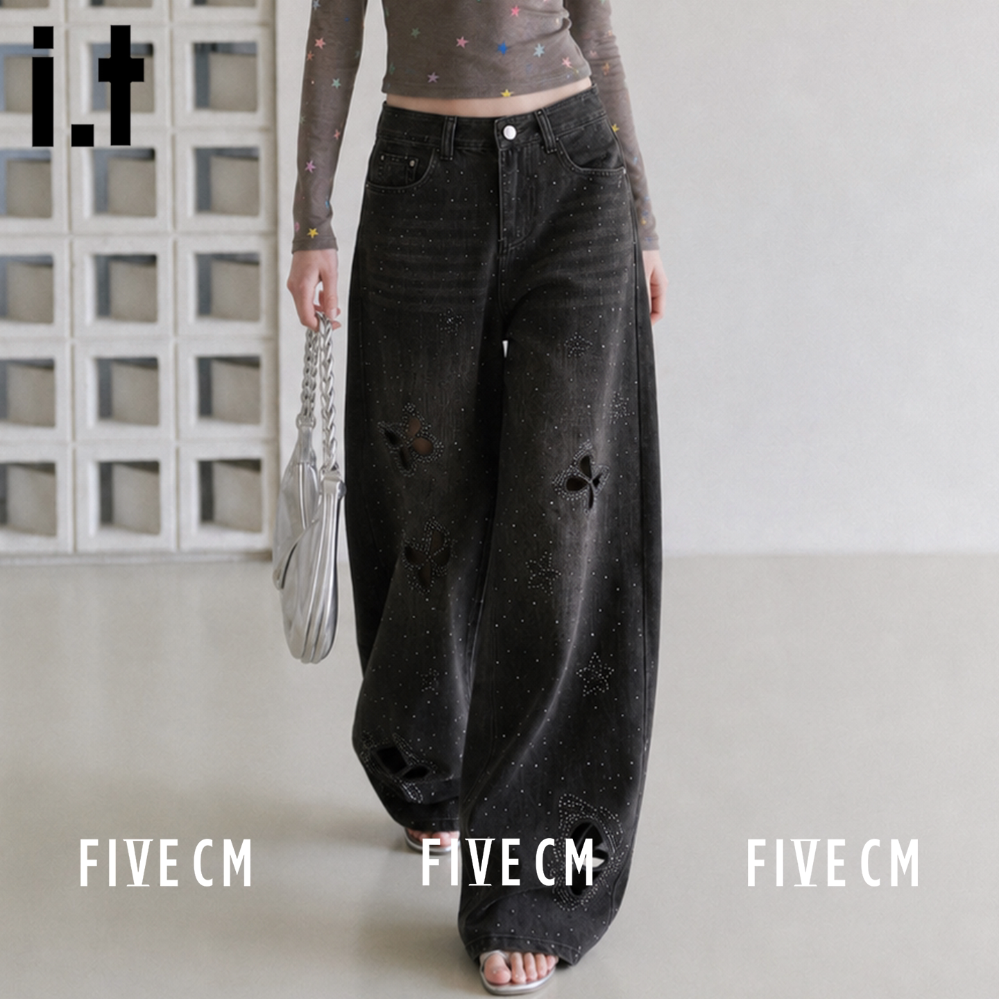 itFIVECM蝴蝶镂空阔腿牛仔裤