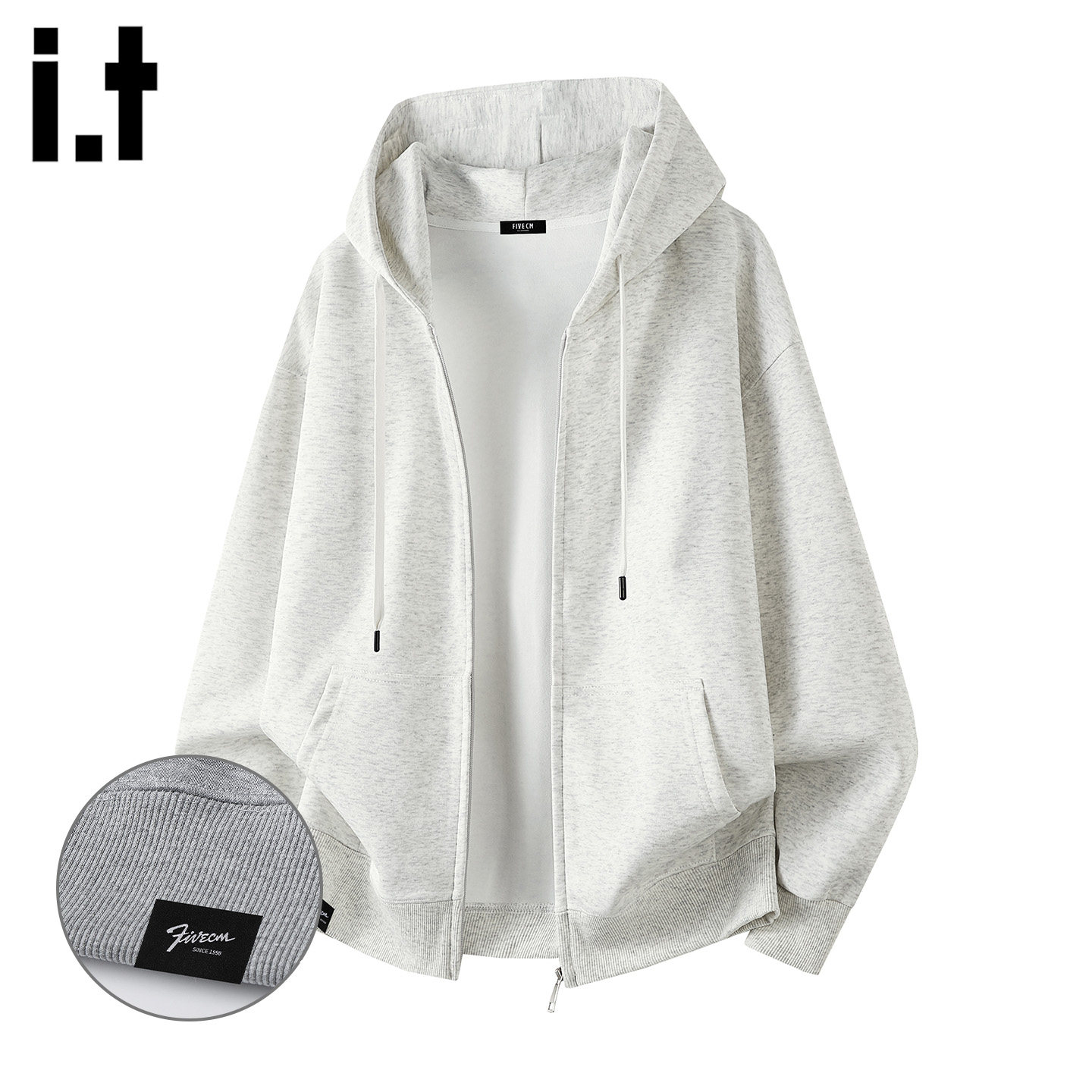 it :5cm/FIVECM白灰色连帽卫衣开衫男生春季百搭纯色外套休闲上衣