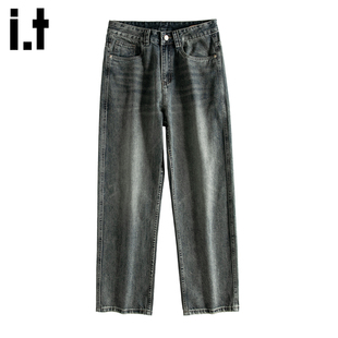 it :5cm/FIVECM美式复古水洗蓝色牛仔裤男宽松直筒冬季保暖长裤子