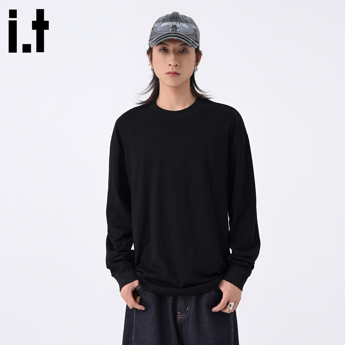 it :5cm/FIVECM黑色圆领薄款早秋长袖t恤男士2025宽松正肩上衣潮