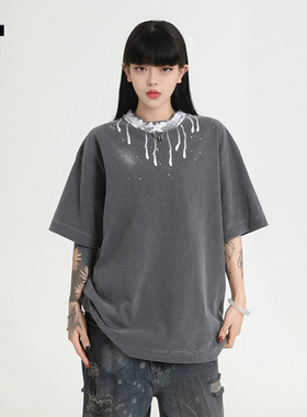 it :5cm/FIVECM男女同款美式灰色短袖t恤2025新款夏季宽松上衣潮