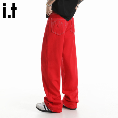 it5cm美式复古红色牛仔裤