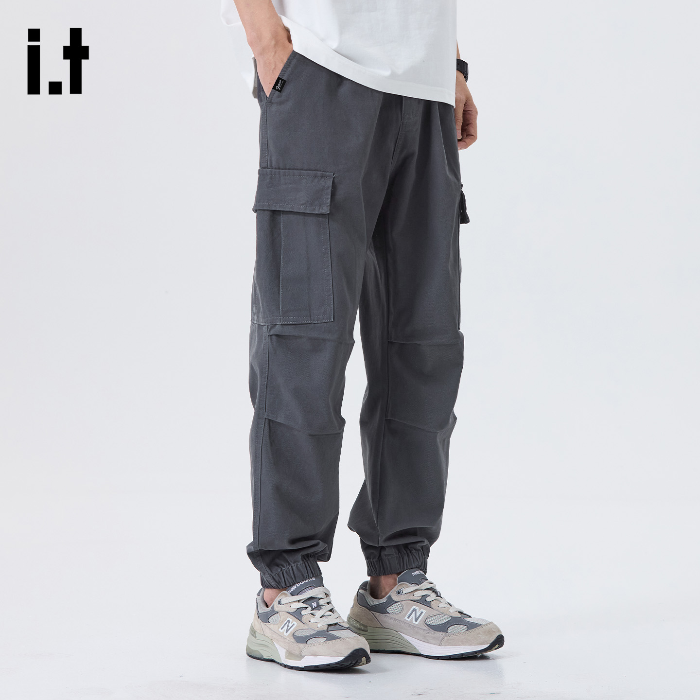 FIVECM灰色抽绳束脚工装裤男士