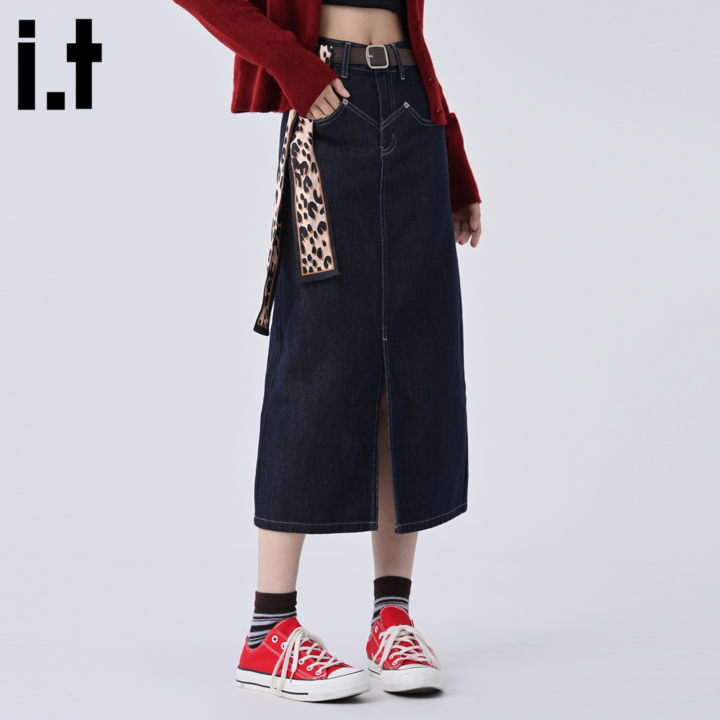 丹宁蓝色开叉牛仔半身裙女