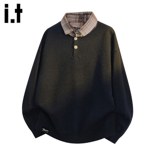 it :5cm/FIVECM拼接假两件套头针织毛衣男款2025秋冬宽松休闲上衣