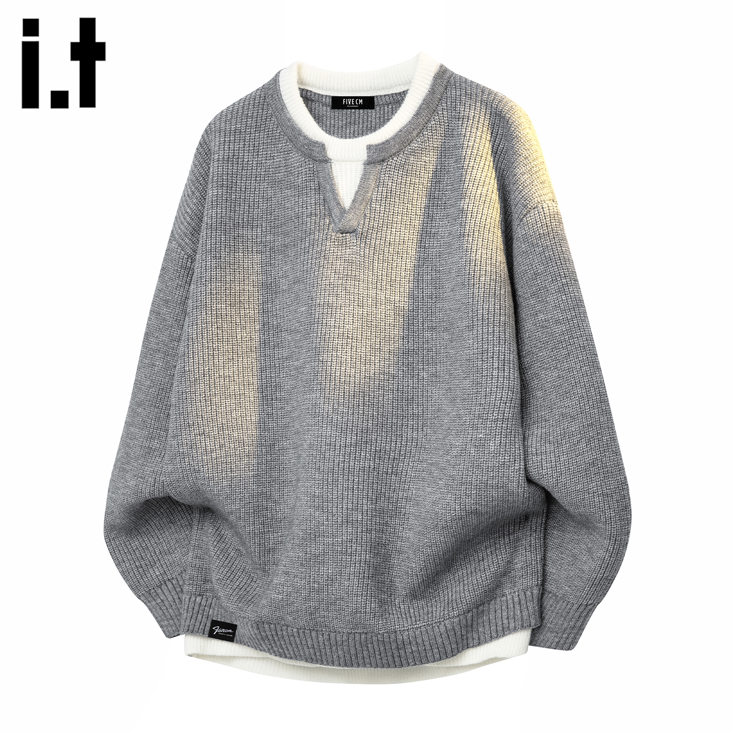 时尚拼接撞色假两件针织毛衣