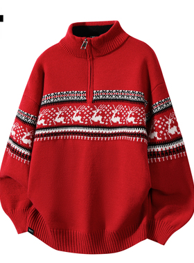 it :5cm/FIVECM费尔岛红色圣诞立领半拉连毛衣男款2025秋冬季上衣