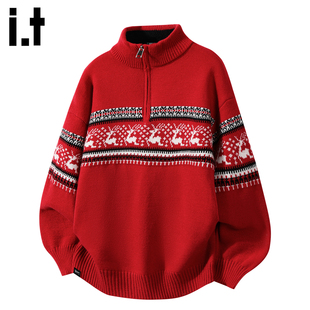 it :5cm/FIVECM费尔岛红色圣诞立领半拉连毛衣男款2025秋冬季上衣