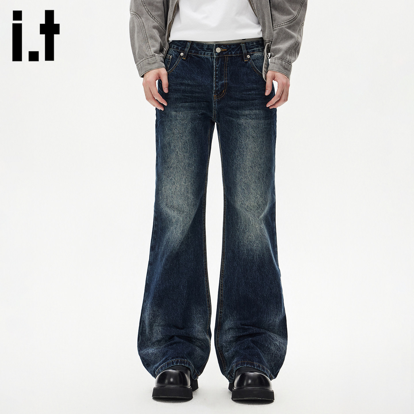 it :5cm/FIVECM美式复古直筒微喇叭牛仔裤男春季新款设计感拖地裤