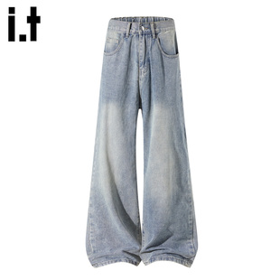 男宽松垂感水洗休闲长裤 FIVECM怀旧蓝色阔腿牛仔裤 极简风 5cm